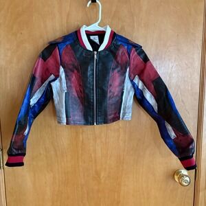 Disney‎ Descendants Red Moto Jacket Kids 11/12 Red Blue Faux Leather Cropped
